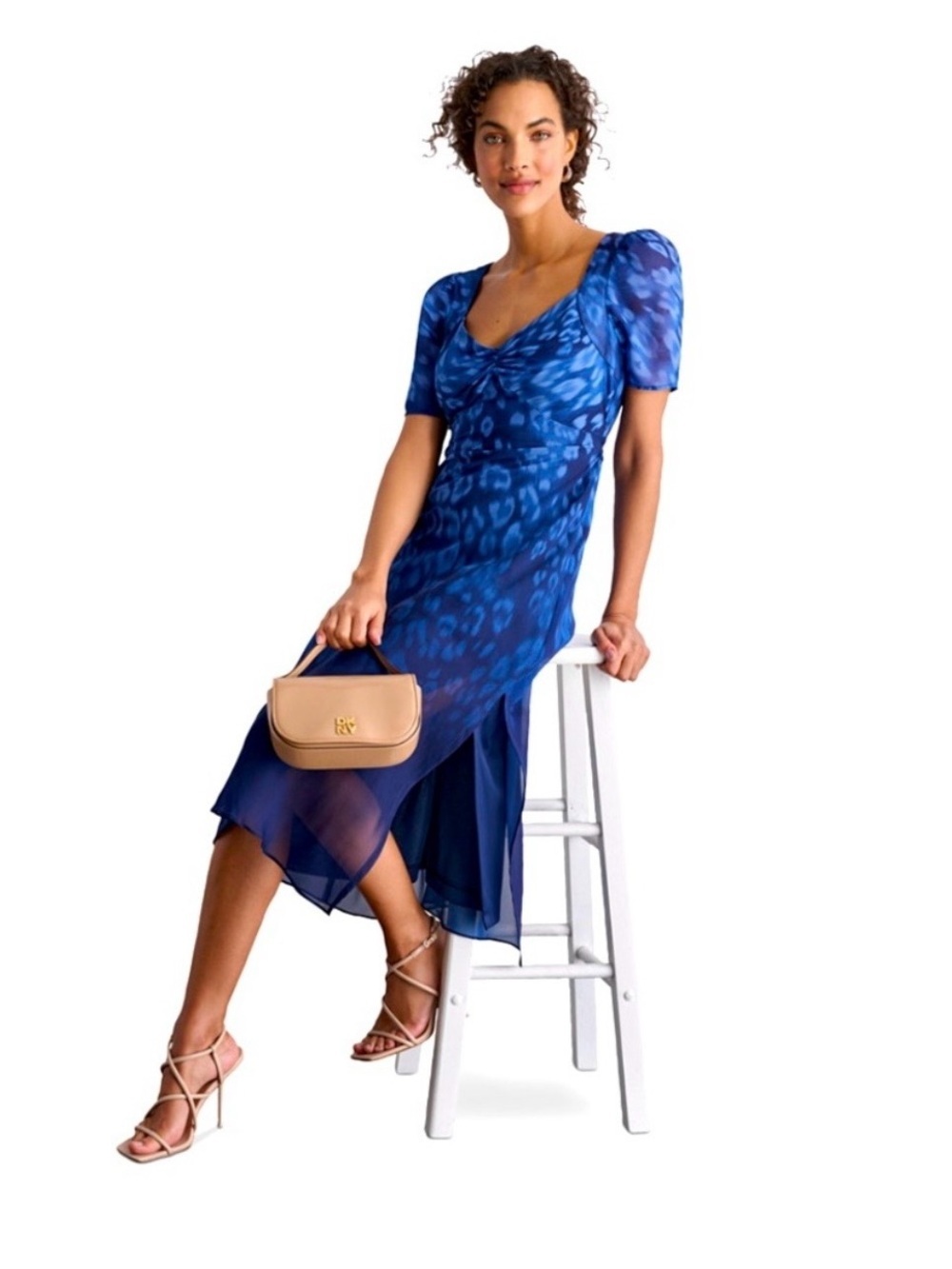 Dkny Blue Women's Short Sleeve Sweetheart Neck Lined Side Slit Midi Dress - Picture 7 of 12